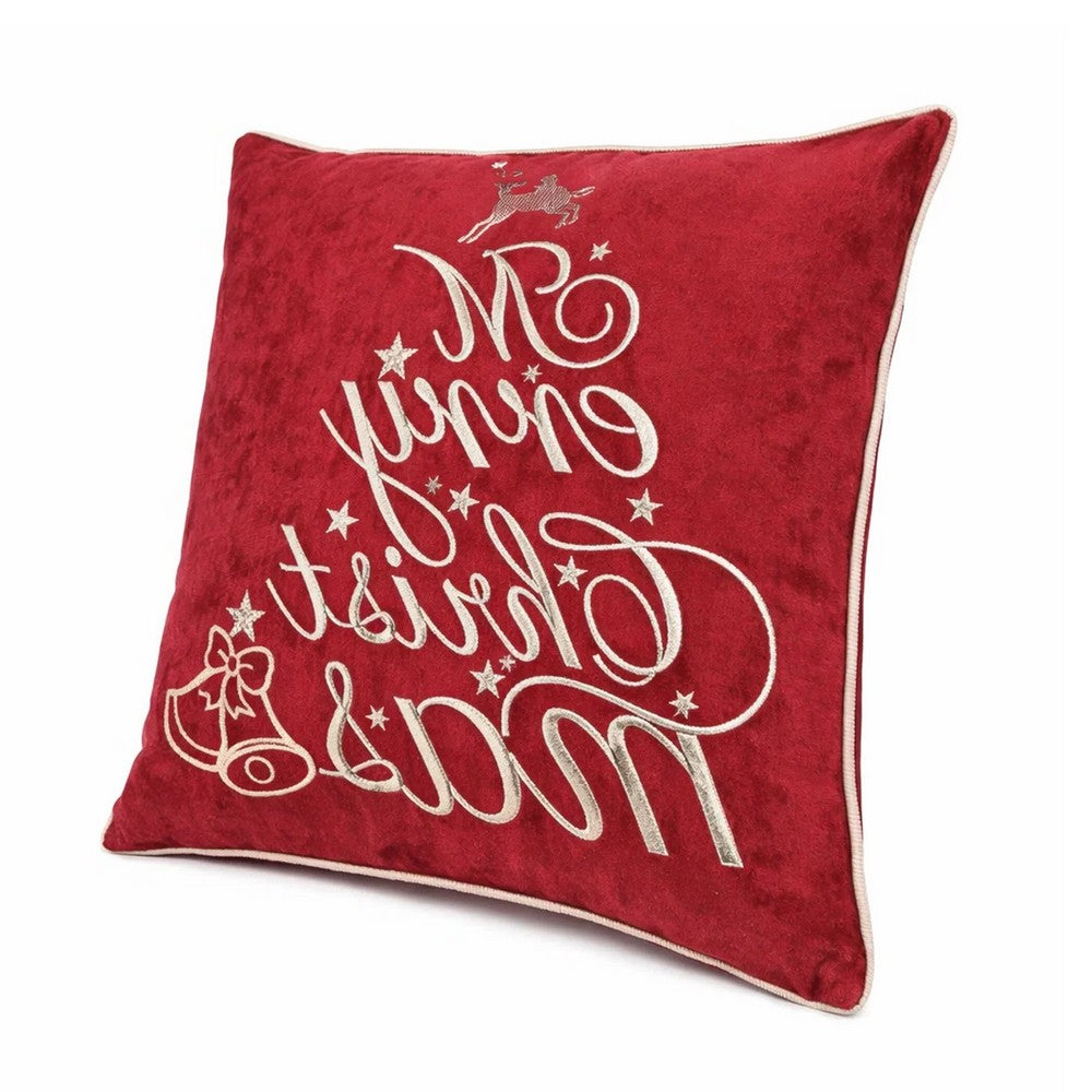 Benjara Aure Square Throw Pillow, Merry Christmas Embroidery, Red Velvet 20 Inch
