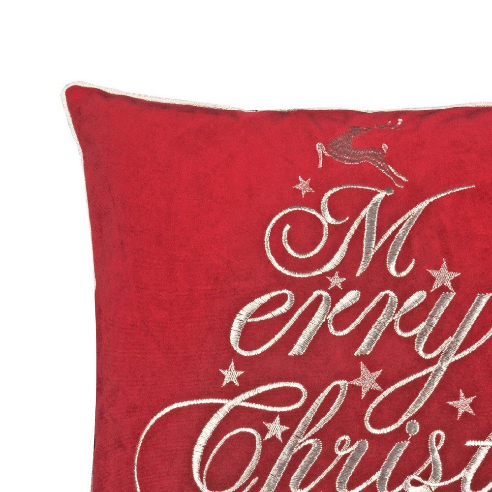 Benjara Aure Square Throw Pillow, Merry Christmas Embroidery, Red Velvet 20 Inch