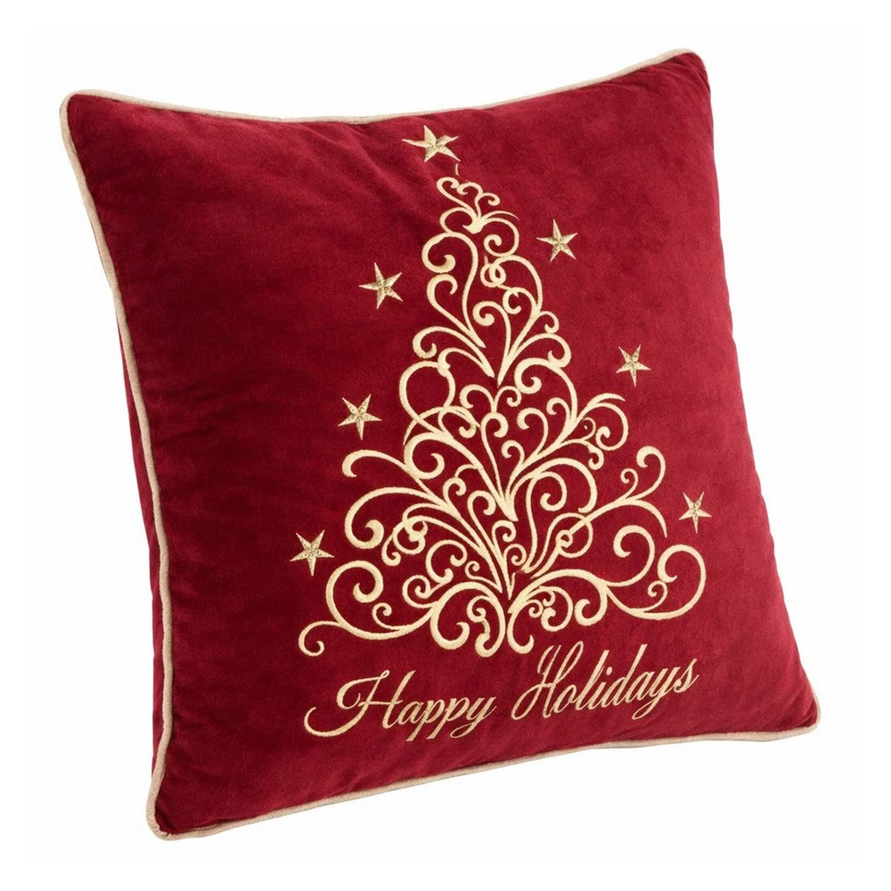 Benjara Aure Square Throw Pillow, Happy Holidays Embroidery, Red Velvet 20 Inch
