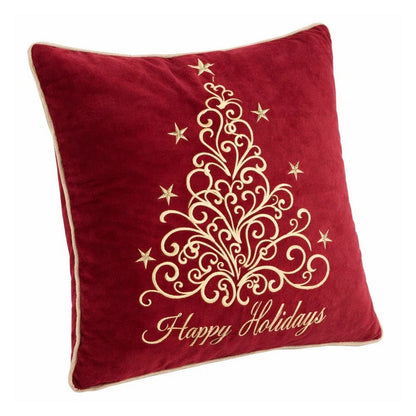 Benjara Aure Square Throw Pillow, Happy Holidays Embroidery, Red Velvet 20 Inch