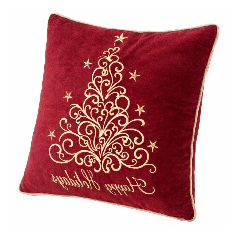 Benjara Aure Square Throw Pillow, Happy Holidays Embroidery, Red Velvet 20 Inch