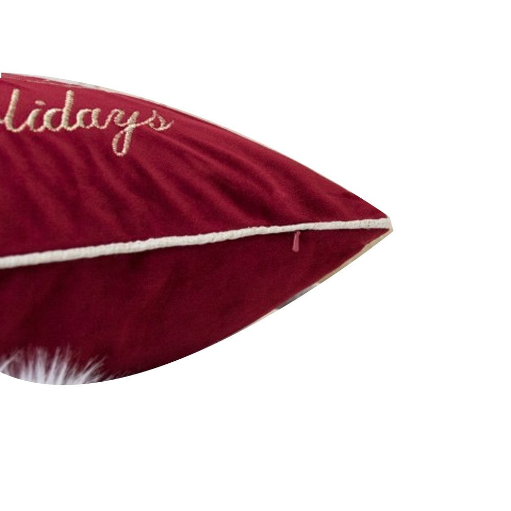 Benjara Aure Square Throw Pillow, Happy Holidays Embroidery, Red Velvet 20 Inch