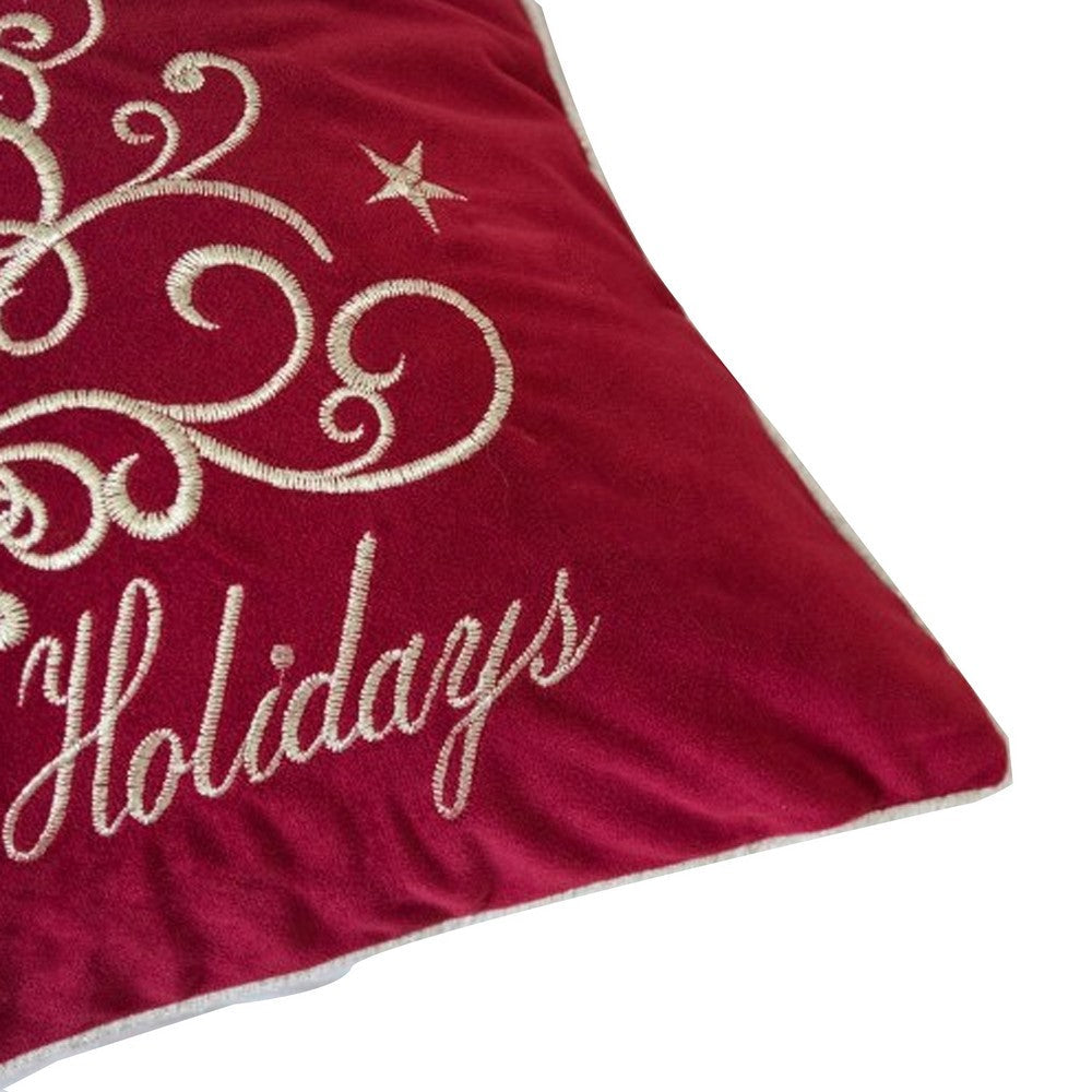 Benjara Aure Square Throw Pillow, Happy Holidays Embroidery, Red Velvet 20 Inch