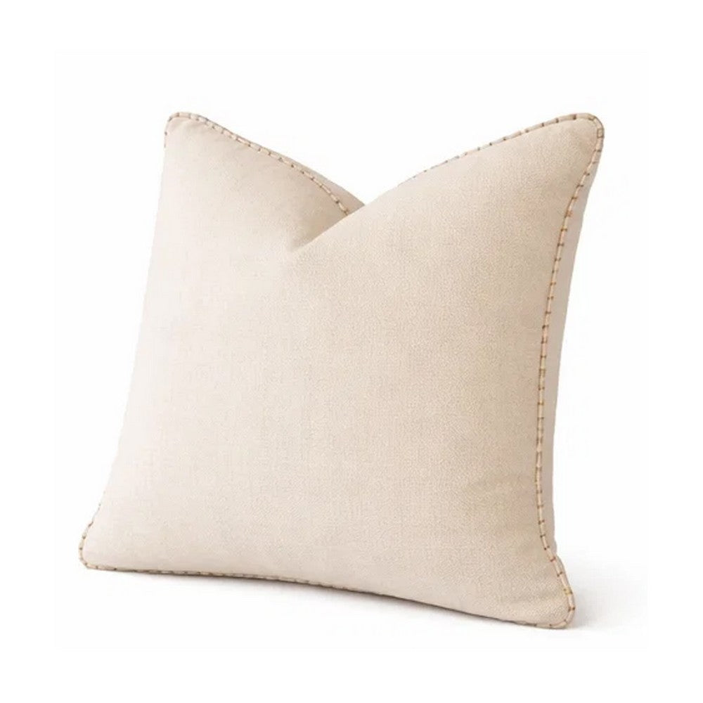 Benjara Niva Square Throw Pillow, Linen-Like Ivory, Decorative Stitched trim 24x24