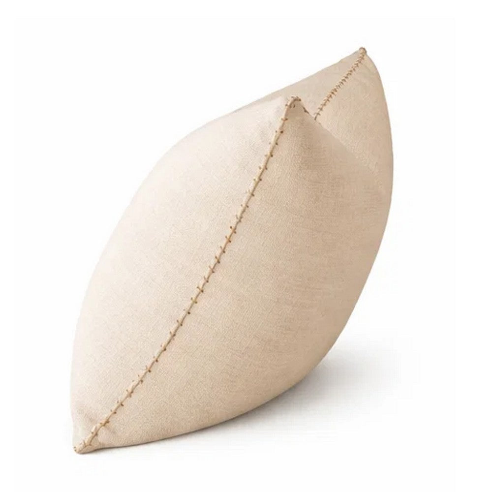 Benjara Niva Square Throw Pillow, Linen-Like Ivory, Decorative Stitched trim 24x24