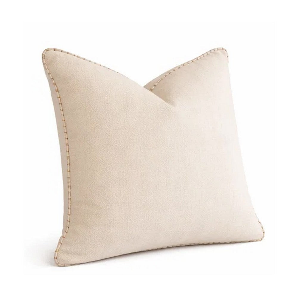 Benjara Niva Square Throw Pillow, Linen-Like Ivory, Decorative Stitched trim 24x24