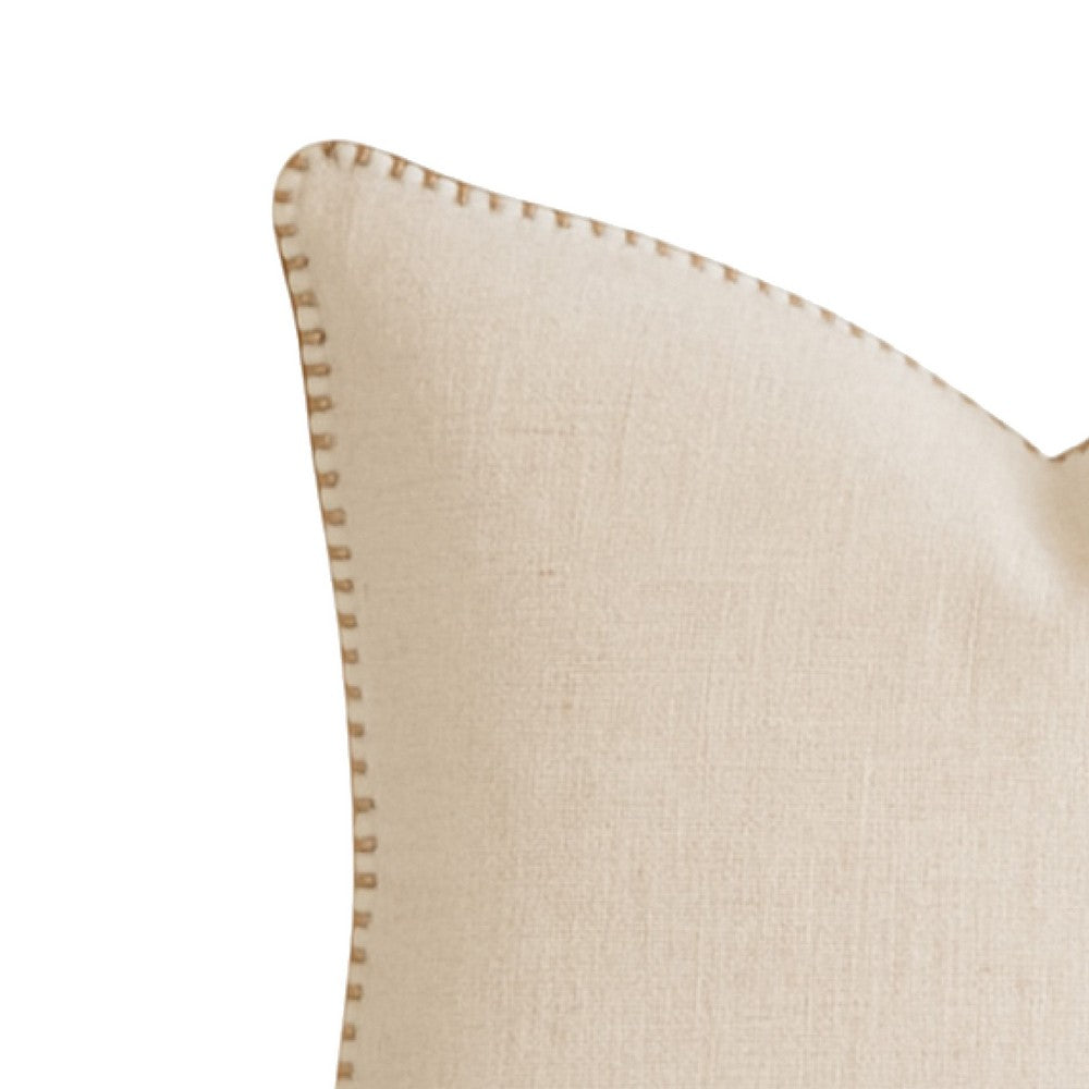 Benjara Niva Square Throw Pillow, Linen-Like Ivory, Decorative Stitched trim 24x24