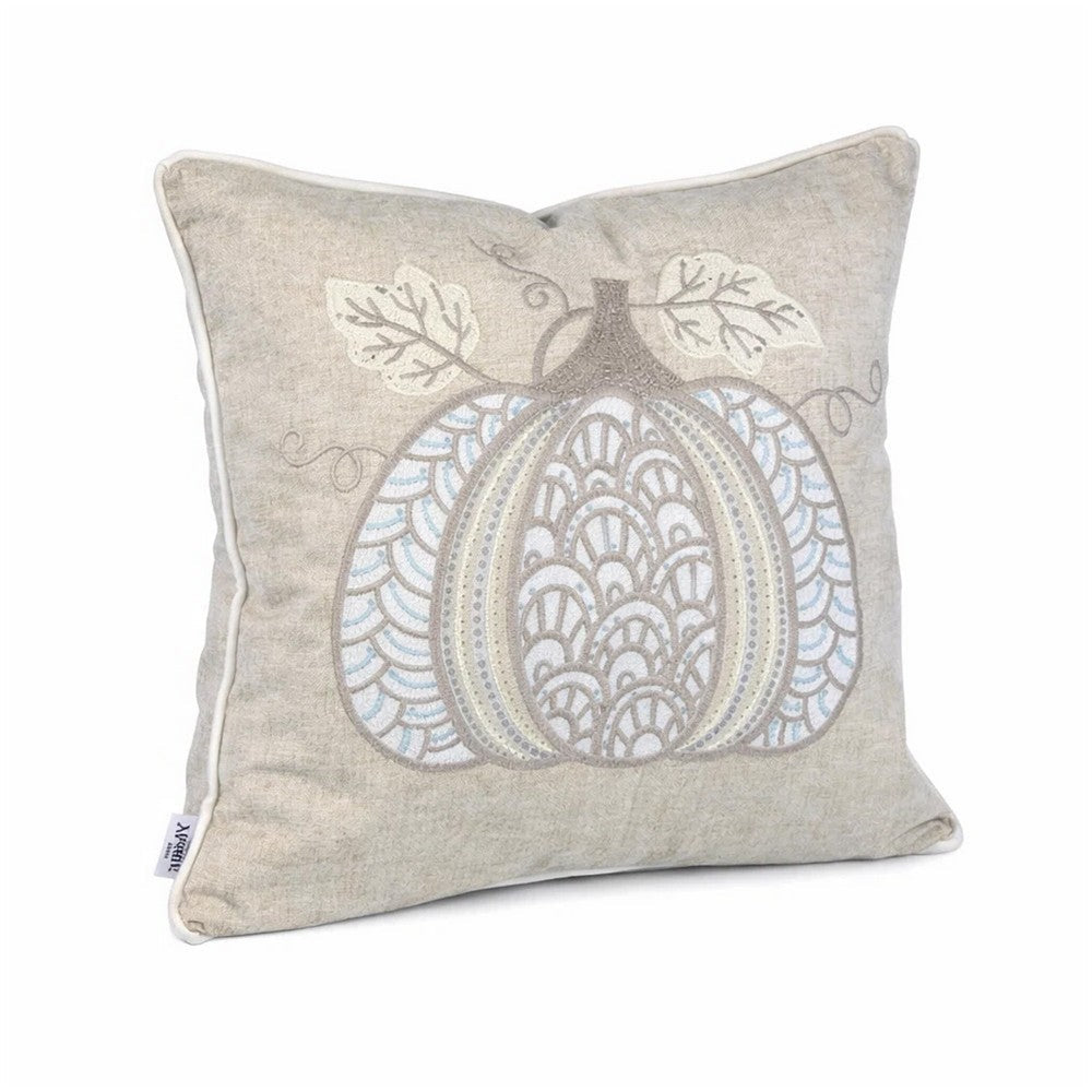 Benjara Niva Square Throw Pillow, Lace Embroidered Pumpkin, Linen-Blend Taupe 20 Inch