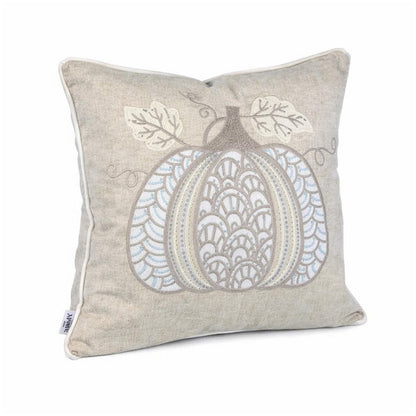 Benjara Niva Square Throw Pillow, Lace Embroidered Pumpkin, Linen-Blend Taupe 20 Inch