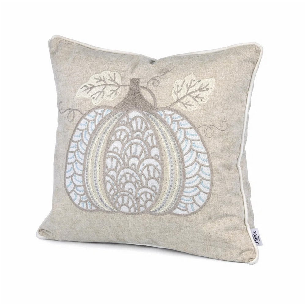 Benjara Niva Square Throw Pillow, Lace Embroidered Pumpkin, Linen-Blend Taupe 20 Inch