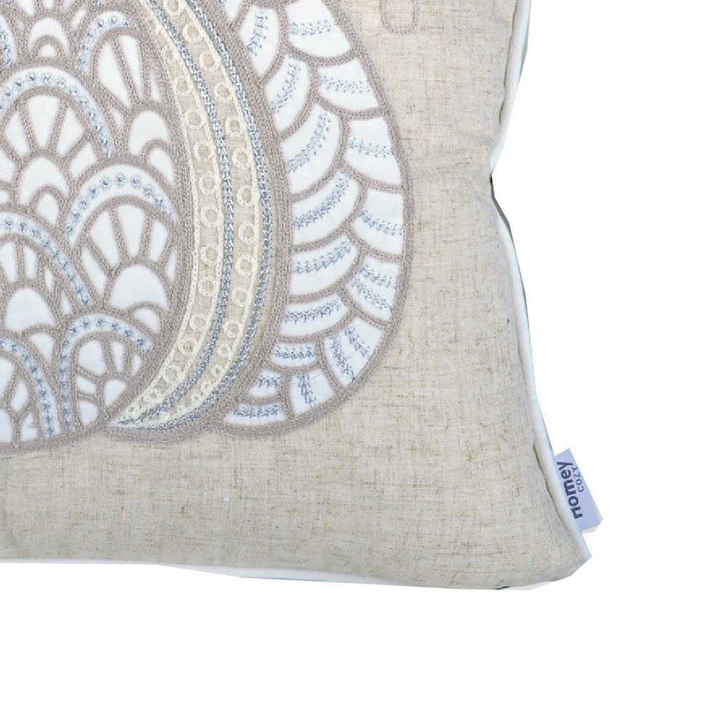 Benjara Niva Square Throw Pillow, Lace Embroidered Pumpkin, Linen-Blend Taupe 20 Inch