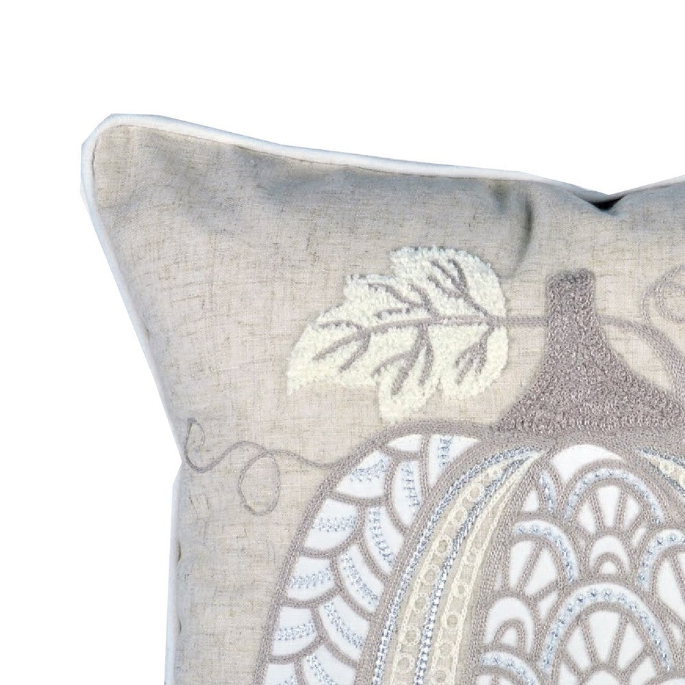 Benjara Niva Square Throw Pillow, Lace Embroidered Pumpkin, Linen-Blend Taupe 20 Inch