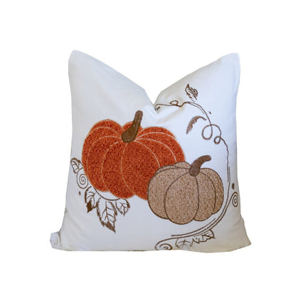 Benjara Niva Square Throw Pillow, Embroidered Rust Pumpkins, White Cotton 20 Inch