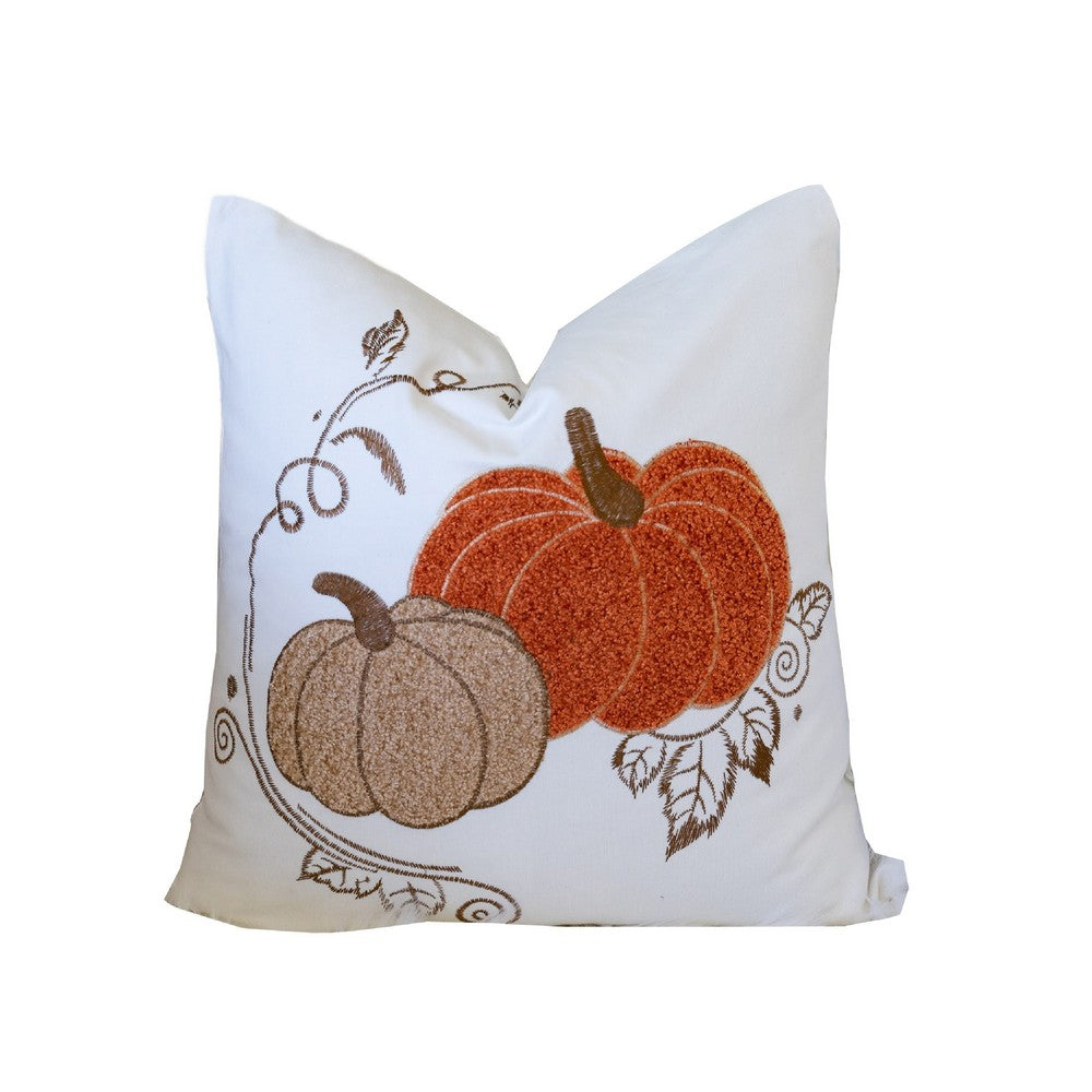 Benjara Niva Square Throw Pillow, Embroidered Rust Pumpkins, White Cotton 20 Inch