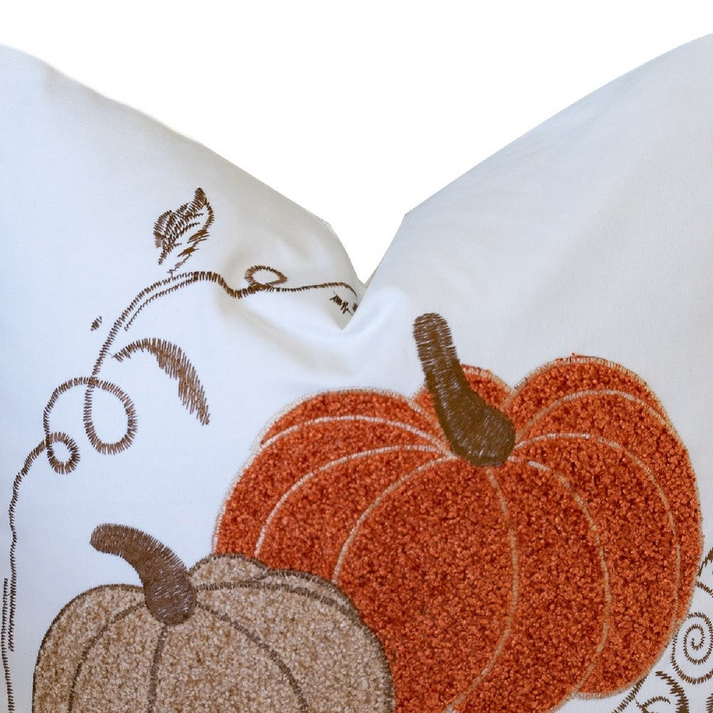 Benjara Niva Square Throw Pillow, Embroidered Rust Pumpkins, White Cotton 20 Inch