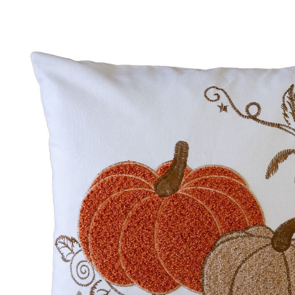 Benjara Niva Square Throw Pillow, Embroidered Rust Pumpkins, White Cotton 20 Inch