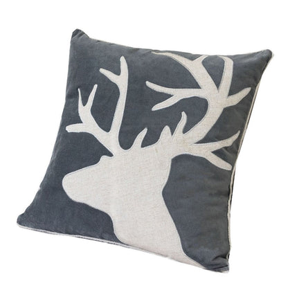 Benjara Lopa Square Throw Pillow, Holiday Reindeer Embroidery, Gray Velvet 20 Inch