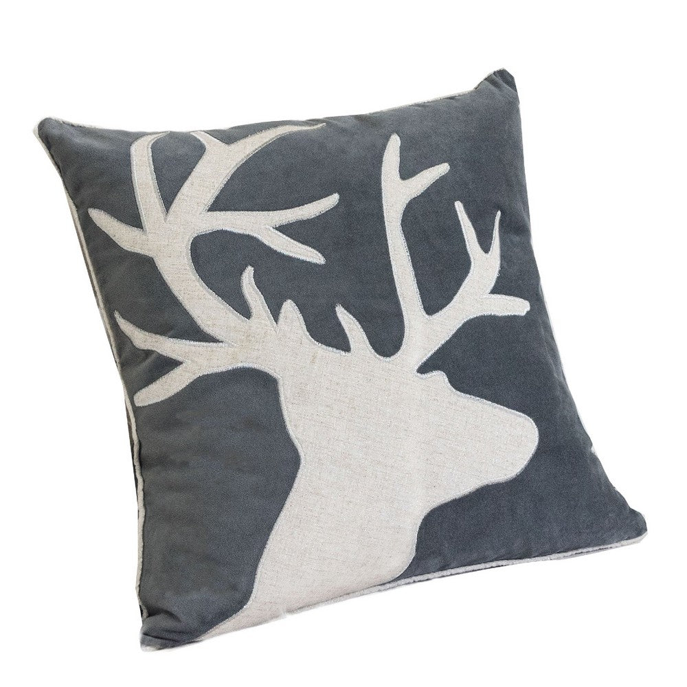 Benjara Lopa Square Throw Pillow, Holiday Reindeer Embroidery, Gray Velvet 20 Inch