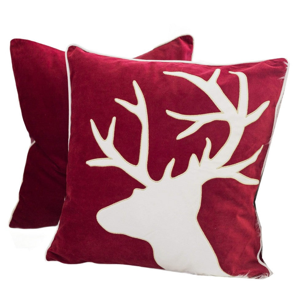 Benjara Lopa Square Throw Pillow, Holiday Reindeer Embroidery, Red Velvet 20 Inch