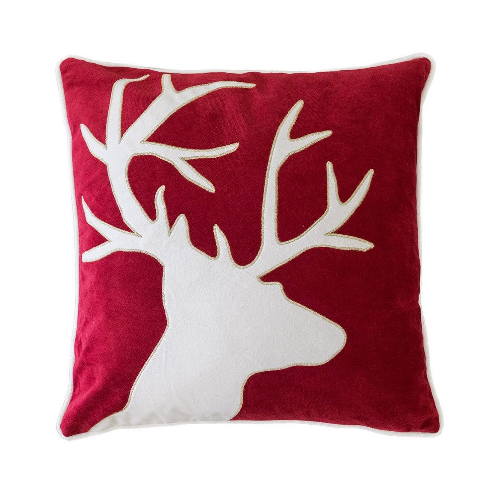 Benjara Lopa Square Throw Pillow, Holiday Reindeer Embroidery, Red Velvet 20 Inch