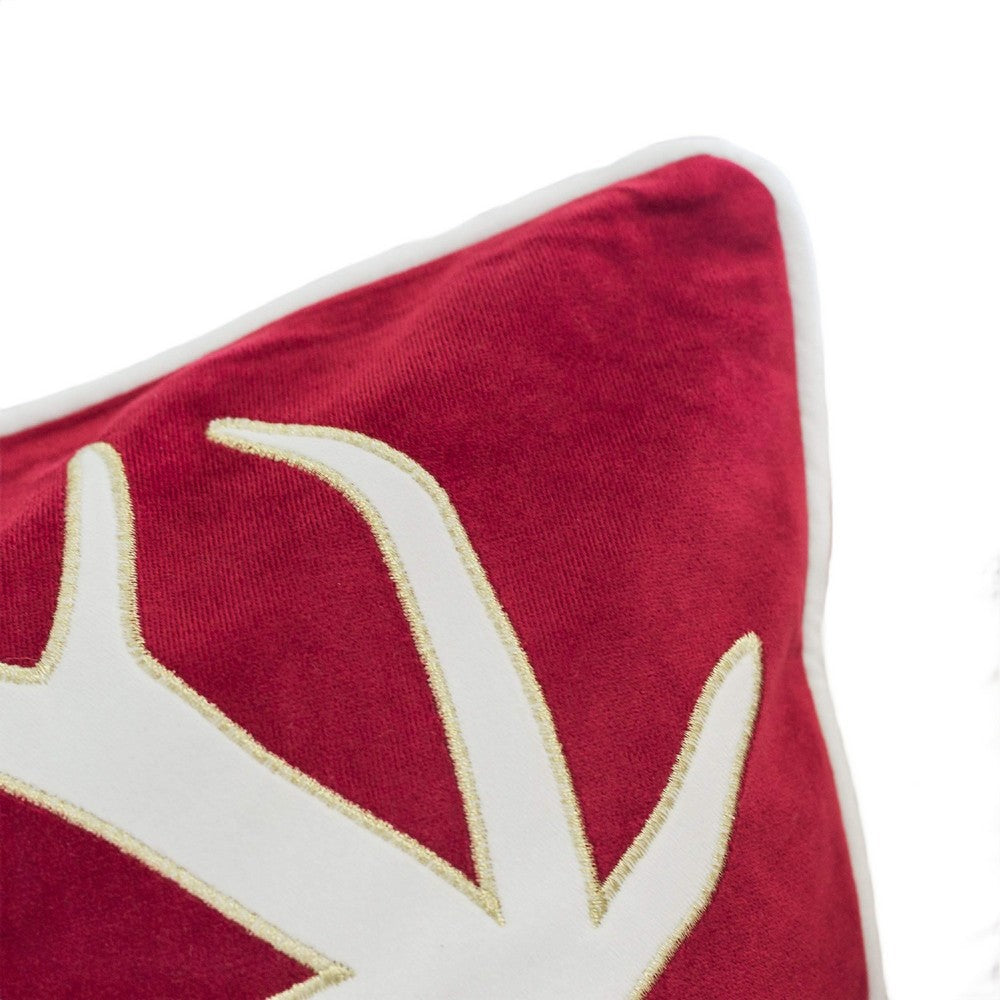 Benjara Lopa Square Throw Pillow, Holiday Reindeer Embroidery, Red Velvet 20 Inch
