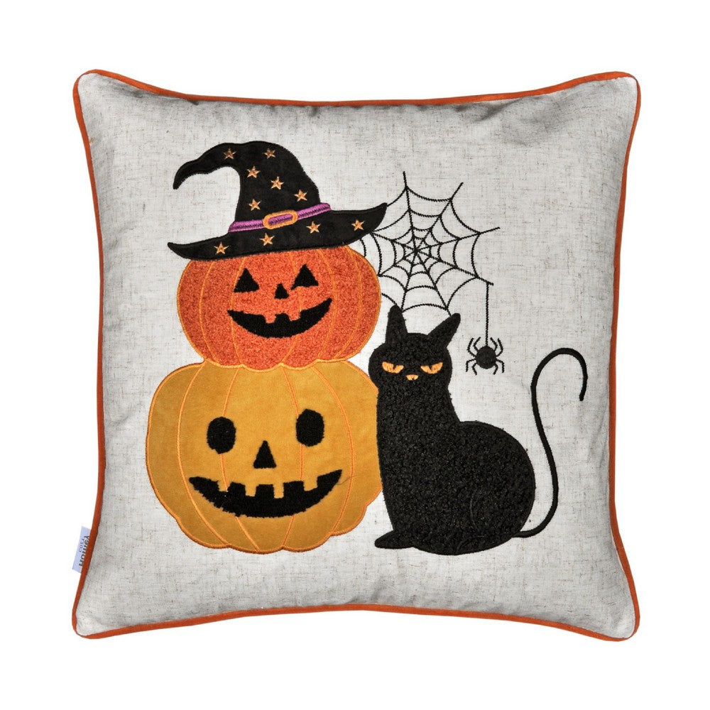 Benjara Square Throw Pillow, Cat And Pumpkin Stack, Ivory Linen-Like Fabric 20 Inch