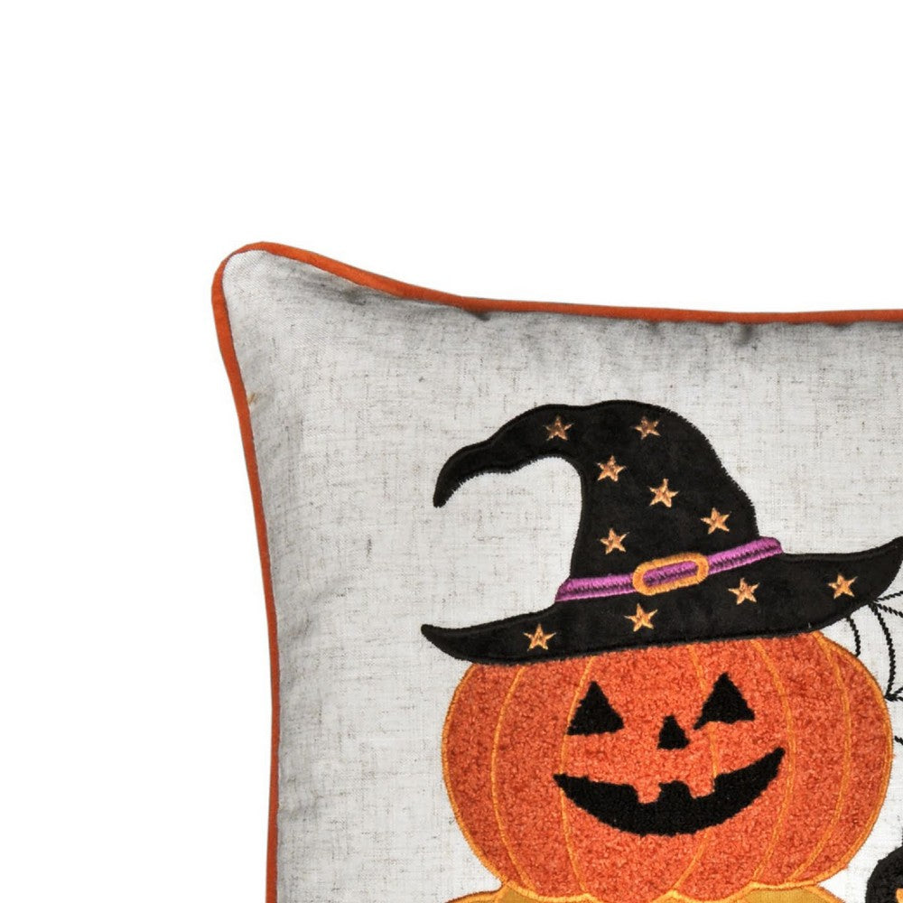 Benjara Square Throw Pillow, Cat And Pumpkin Stack, Ivory Linen-Like Fabric 20 Inch