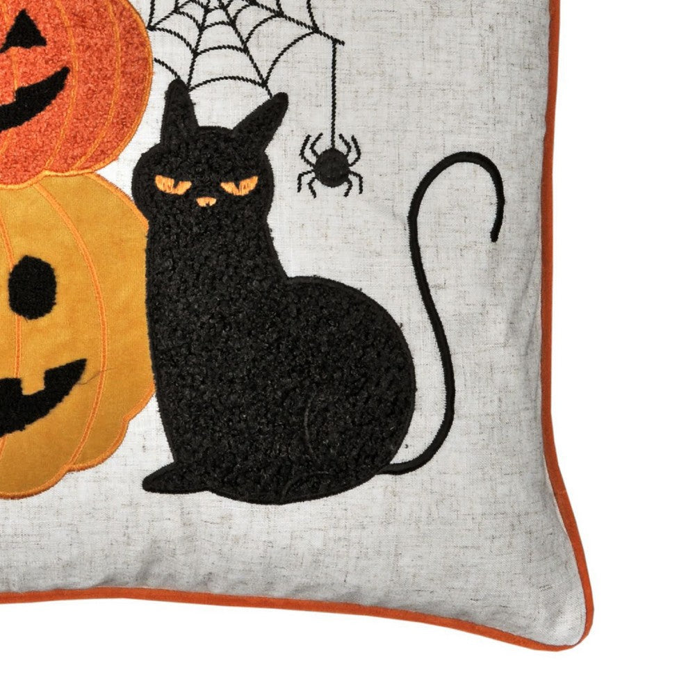 Benjara Square Throw Pillow, Cat And Pumpkin Stack, Ivory Linen-Like Fabric 20 Inch