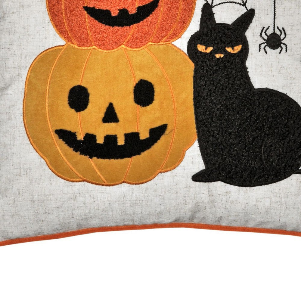 Benjara Square Throw Pillow, Cat And Pumpkin Stack, Ivory Linen-Like Fabric 20 Inch