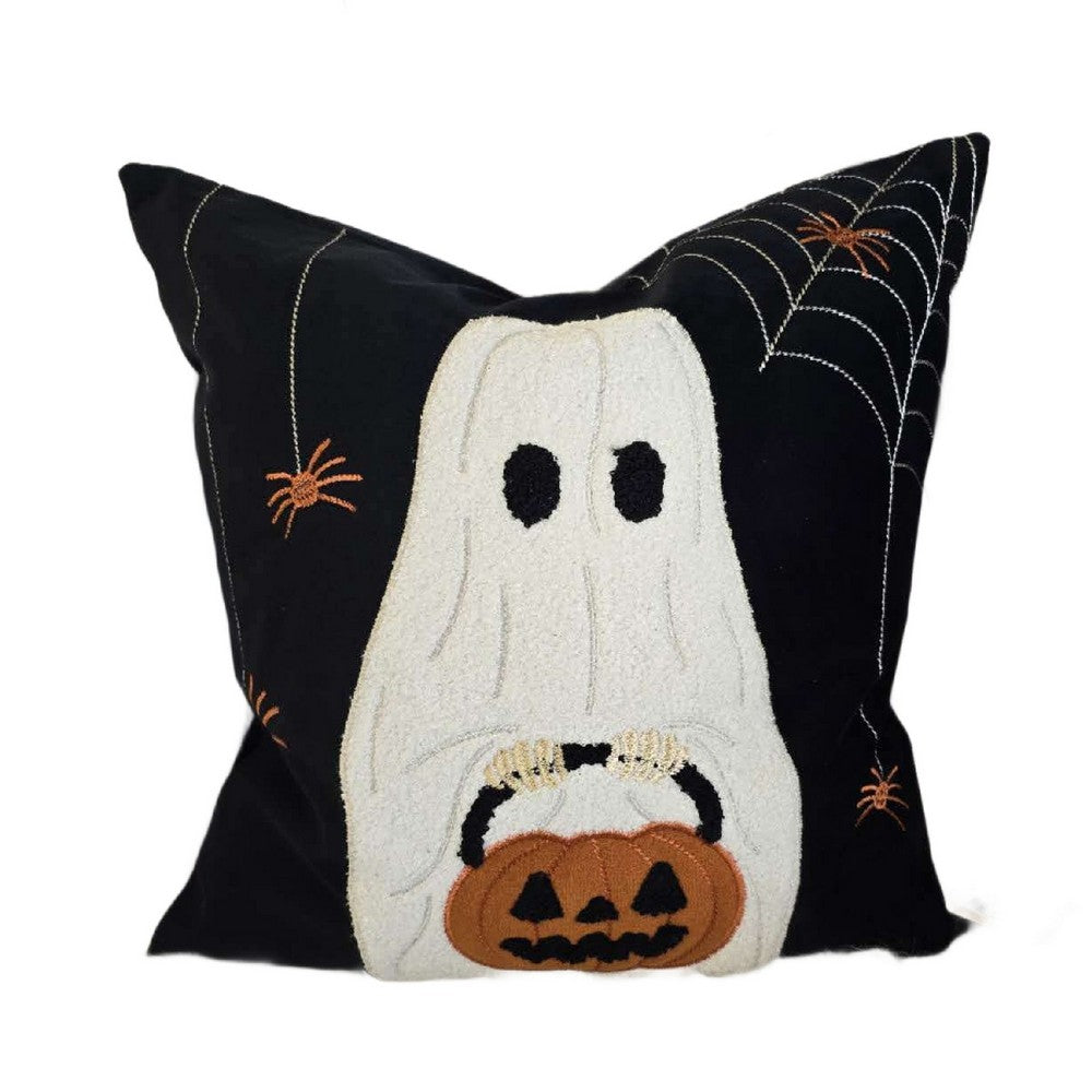Benjara Square Throw Pillow, White Ghost w Pumpkin Bucket, Black Polyester 20 Inch