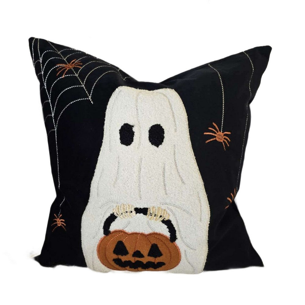 Benjara Square Throw Pillow, White Ghost w Pumpkin Bucket, Black Polyester 20 Inch