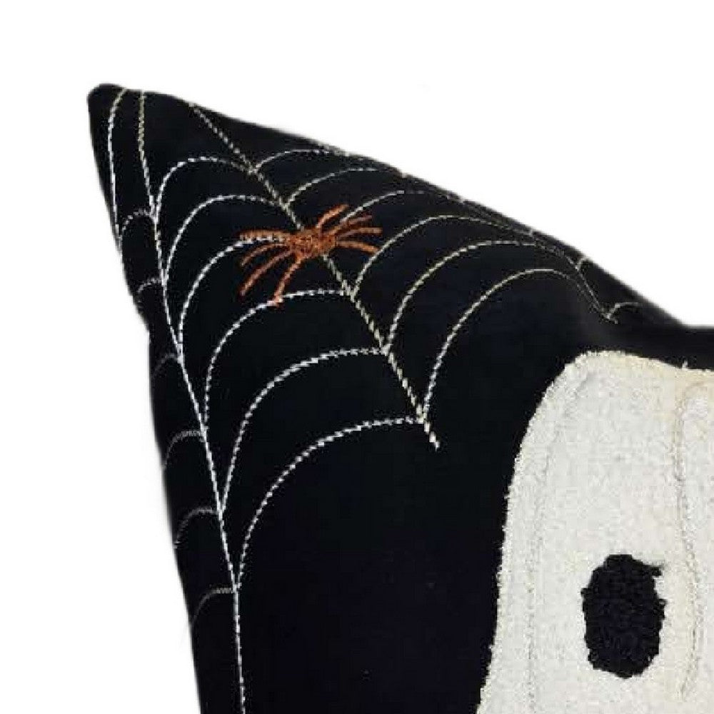 Benjara Square Throw Pillow, White Ghost w Pumpkin Bucket, Black Polyester 20 Inch