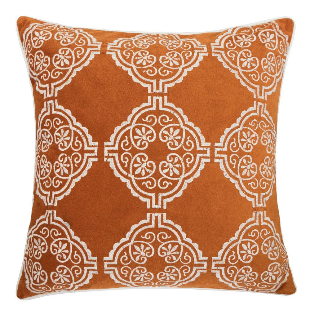 Benjara Niva Square Throw Pillow, Damask Embroidery, Burnt Orange Velvet 20 Inch