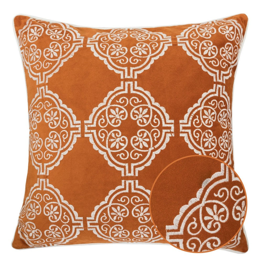 Benjara Niva Square Throw Pillow, Damask Embroidery, Burnt Orange Velvet 20 Inch