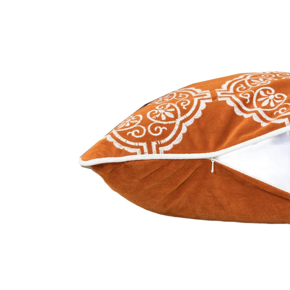 Benjara Niva Square Throw Pillow, Damask Embroidery, Burnt Orange Velvet 20 Inch