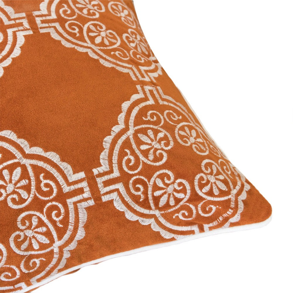 Benjara Niva Square Throw Pillow, Damask Embroidery, Burnt Orange Velvet 20 Inch