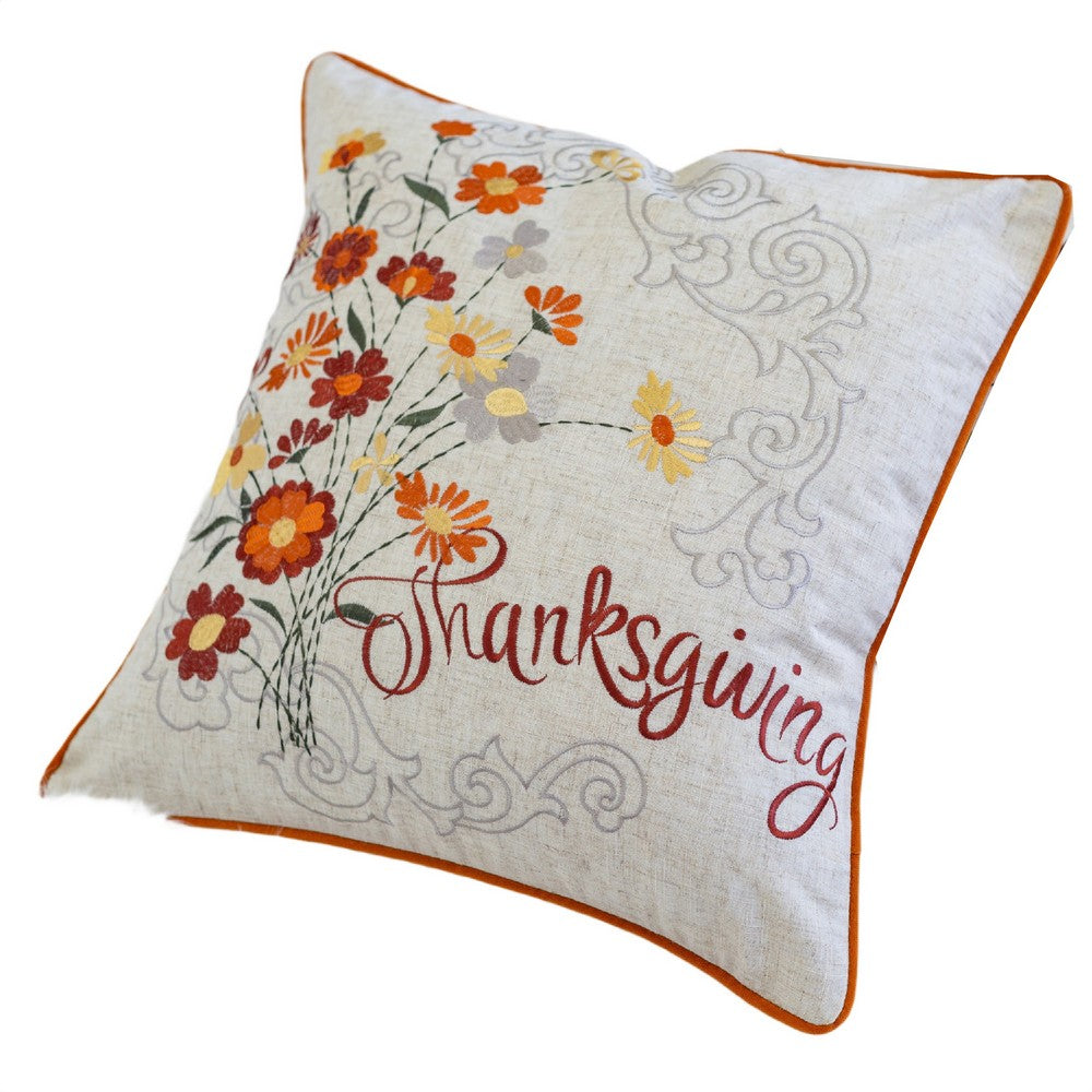 Benjara Niva Square Throw Pillow, Thanksgiving Embroidery, Orange Cotton-Blend 20 Inch