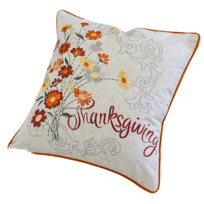 Benjara Niva Square Throw Pillow, Thanksgiving Embroidery, Orange Cotton-Blend 20 Inch