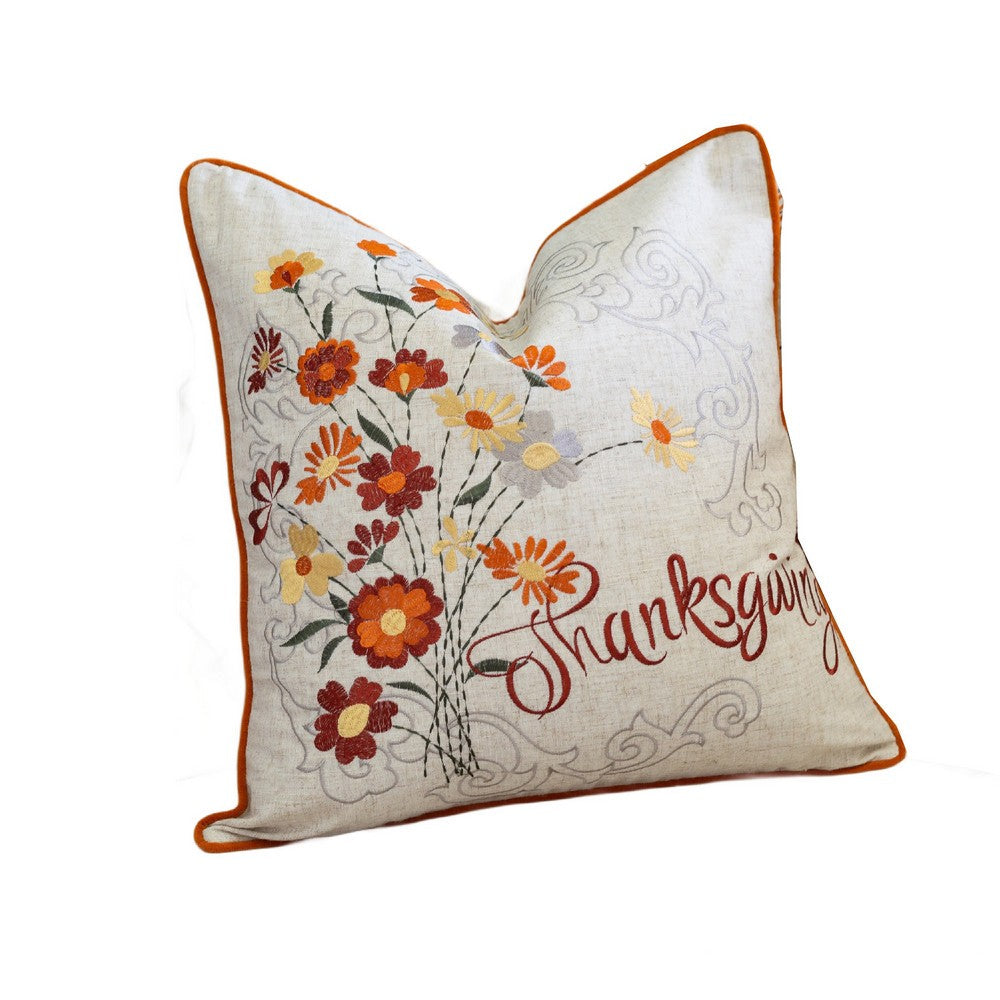 Benjara Niva Square Throw Pillow, Thanksgiving Embroidery, Orange Cotton-Blend 20 Inch