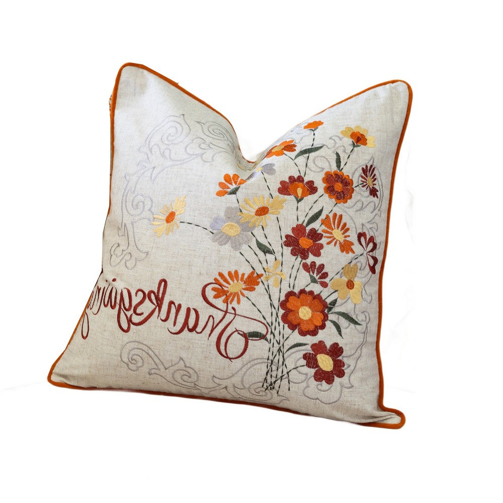 Benjara Niva Square Throw Pillow, Thanksgiving Embroidery, Orange Cotton-Blend 20 Inch