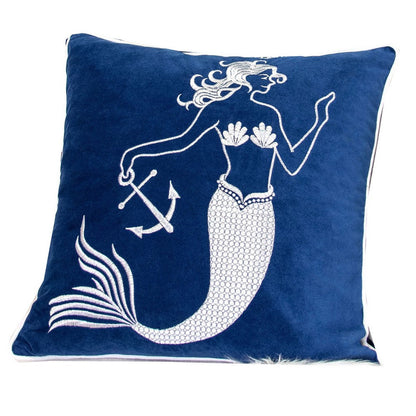 Benjara Niva Square Throw Pillow, Embroidered White Mermaid, Blue Velvet, 20 Inch
