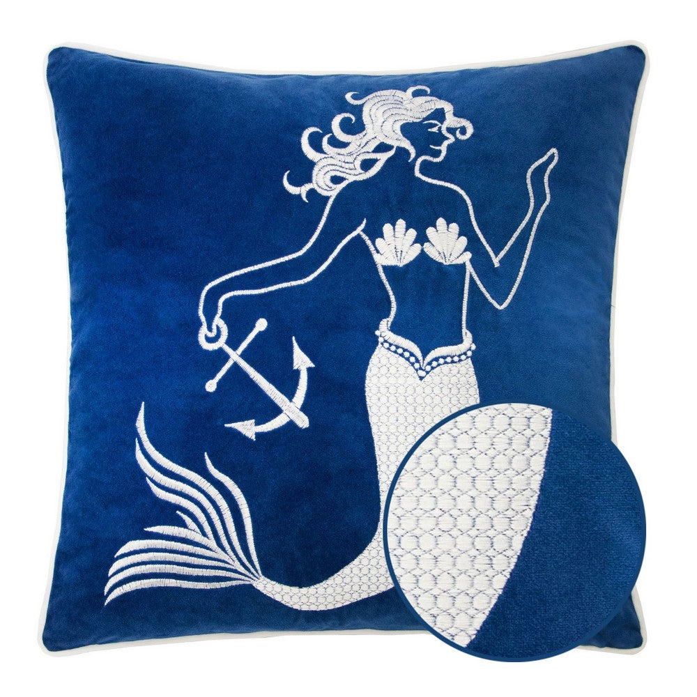 Benjara Niva Square Throw Pillow, Embroidered White Mermaid, Blue Velvet, 20 Inch