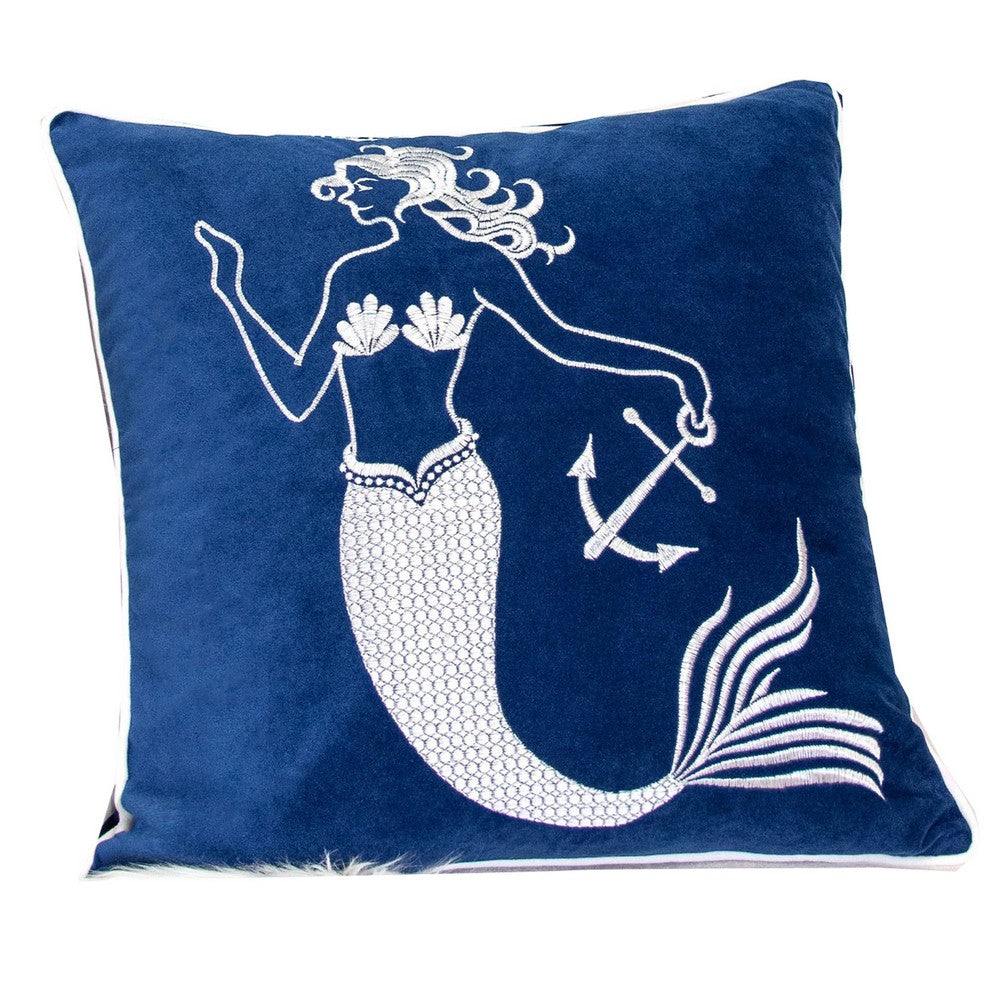 Benjara Niva Square Throw Pillow, Embroidered White Mermaid, Blue Velvet, 20 Inch