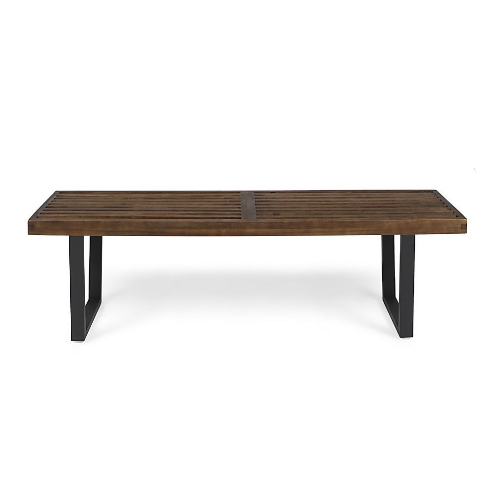Benjara Cior Outdoor Dining Bench, 62 Inch Slatted Brown Acacia Wood, Sled Base