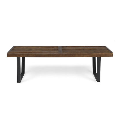 Benjara Cior Outdoor Dining Bench, 62 Inch Slatted Brown Acacia Wood, Sled Base