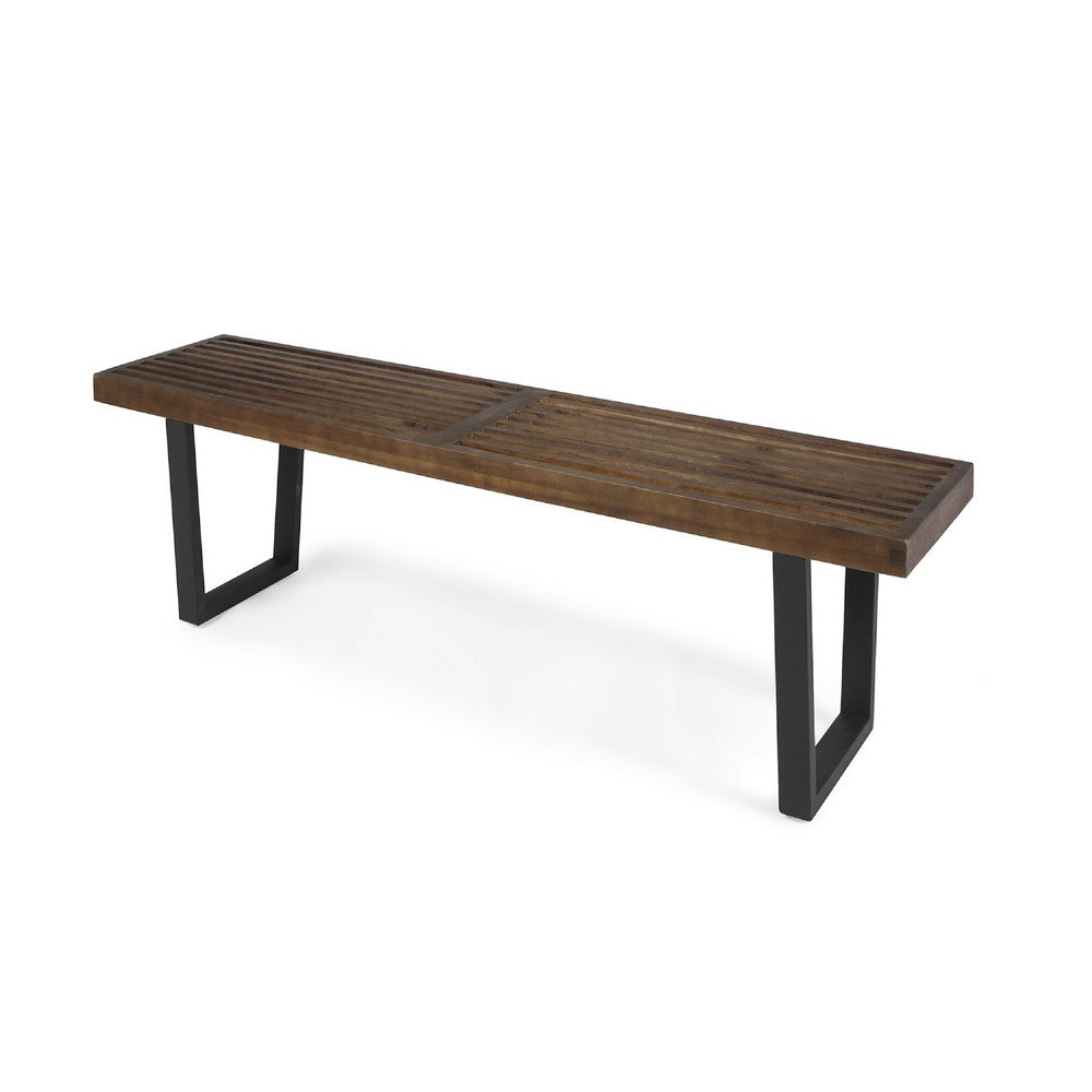 Benjara Cior Outdoor Dining Bench, 62 Inch Slatted Brown Acacia Wood, Sled Base