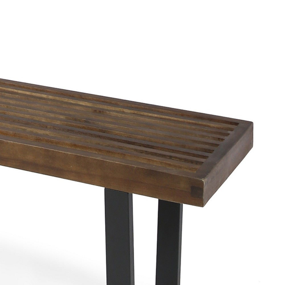 Benjara Cior Outdoor Dining Bench, 62 Inch Slatted Brown Acacia Wood, Sled Base