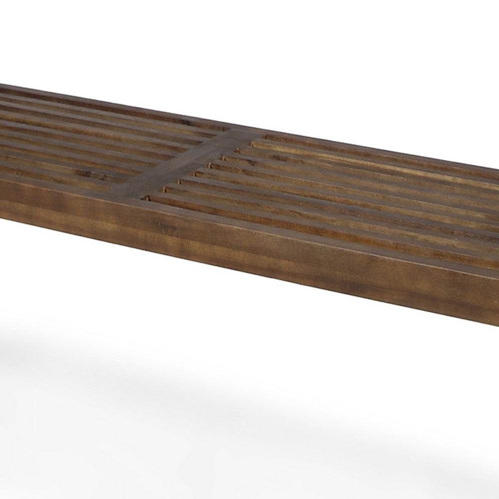Benjara Cior Outdoor Dining Bench, 62 Inch Slatted Brown Acacia Wood, Sled Base