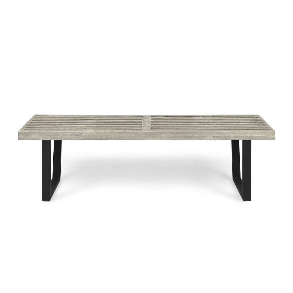 Benjara Cior Outdoor Dining Bench, 62 Inch Slatted Gray Acacia Wood, Sled Base