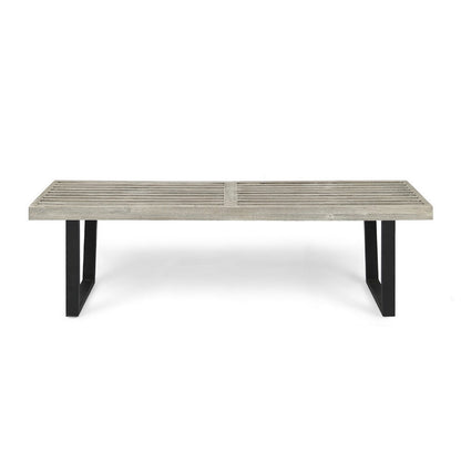 Benjara Cior Outdoor Dining Bench, 62 Inch Slatted Gray Acacia Wood, Sled Base